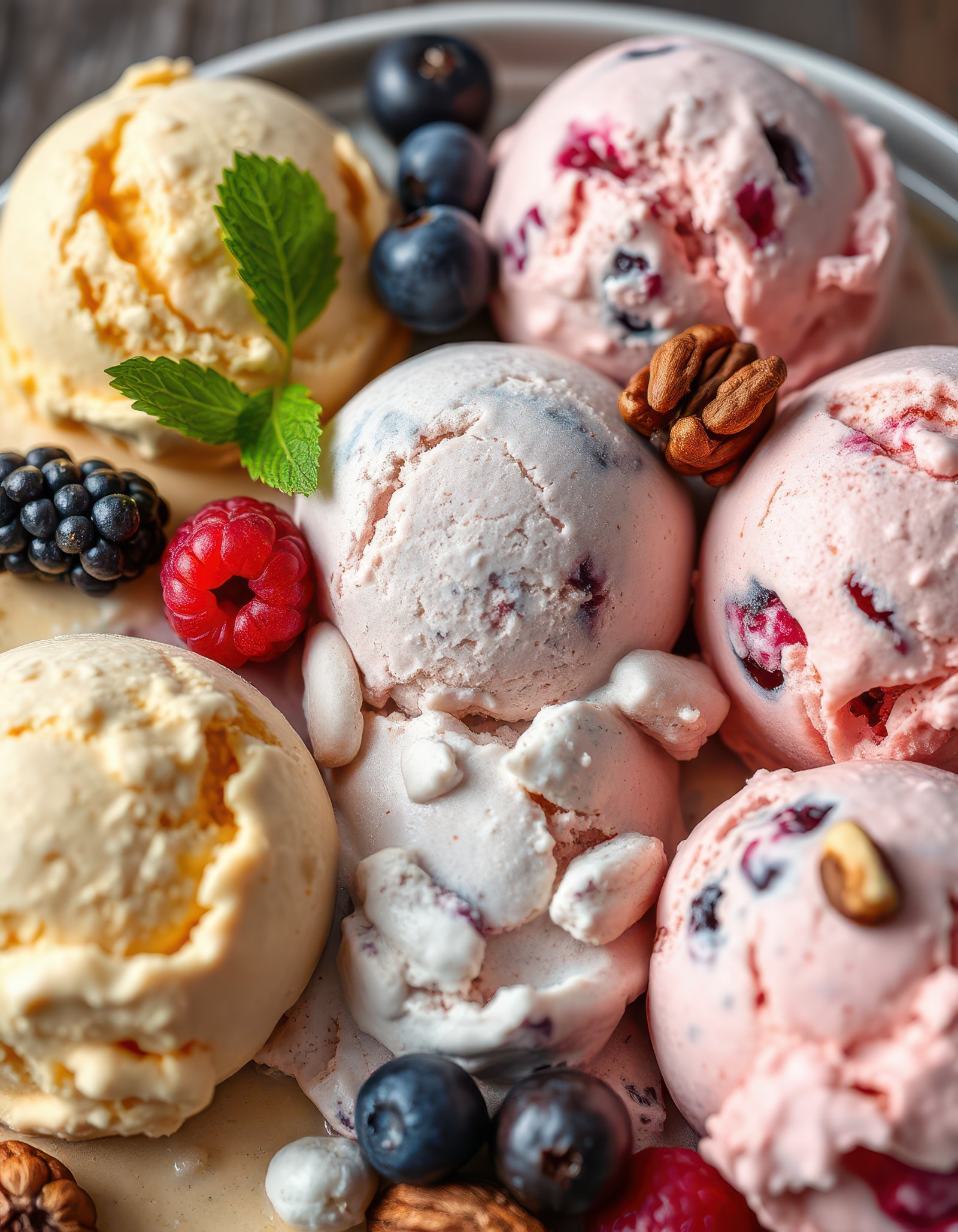 Delightful assortment of colorful ice cream scoops served with fresh berries and nuts in a rustic setting